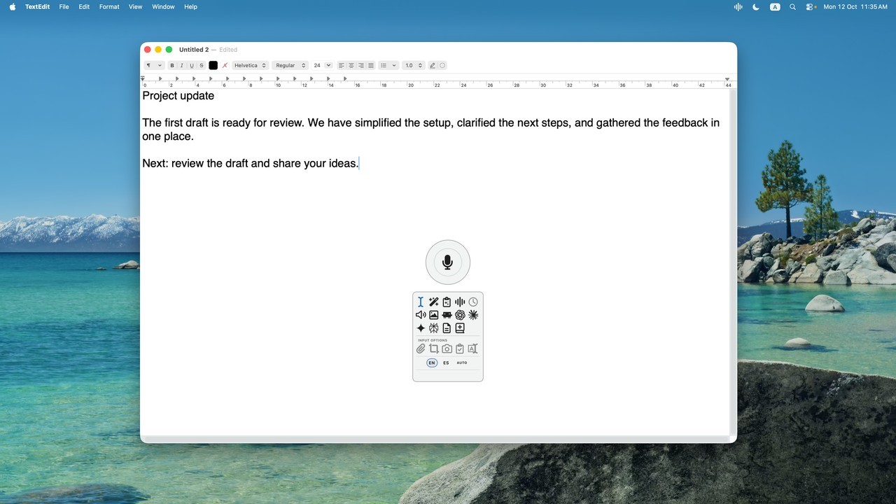 VoiceVibe's mode selector open over a TextEdit document on a Mac, with input options for adding a file, a screenshot or the clipboard